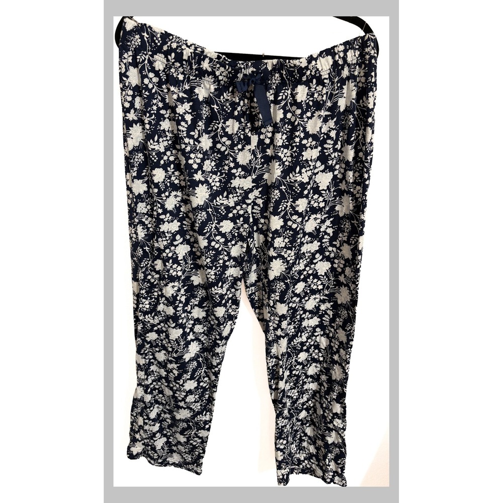 Lands End Womens Navy Blue White Floral Pajama Pants Sleep Bottoms Size L Large